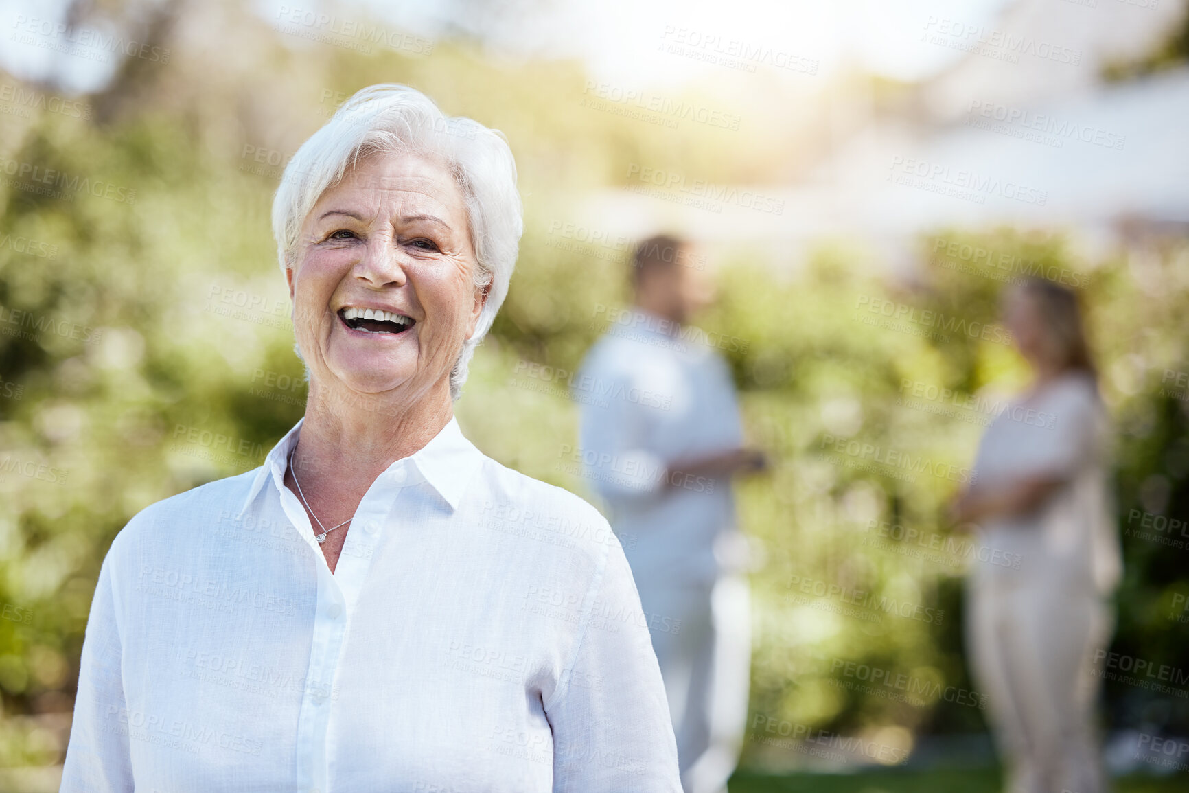 Buy stock photo Portrait, happy and senior woman in garden with family, visit and excited for summer activity. Elderly person, laughing and outdoor at retirement village for reunion, fun day or wellness in Australia