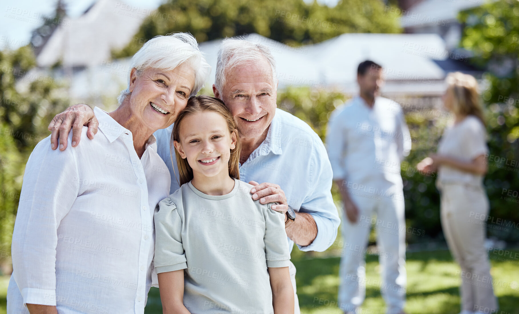 Buy stock photo Happy grandparents, portrait and grandkid with hug for outdoor weekend, holiday or bonding together. Grandpa, grandma and granddaughter with smile for family time, youth or childhood love in nature