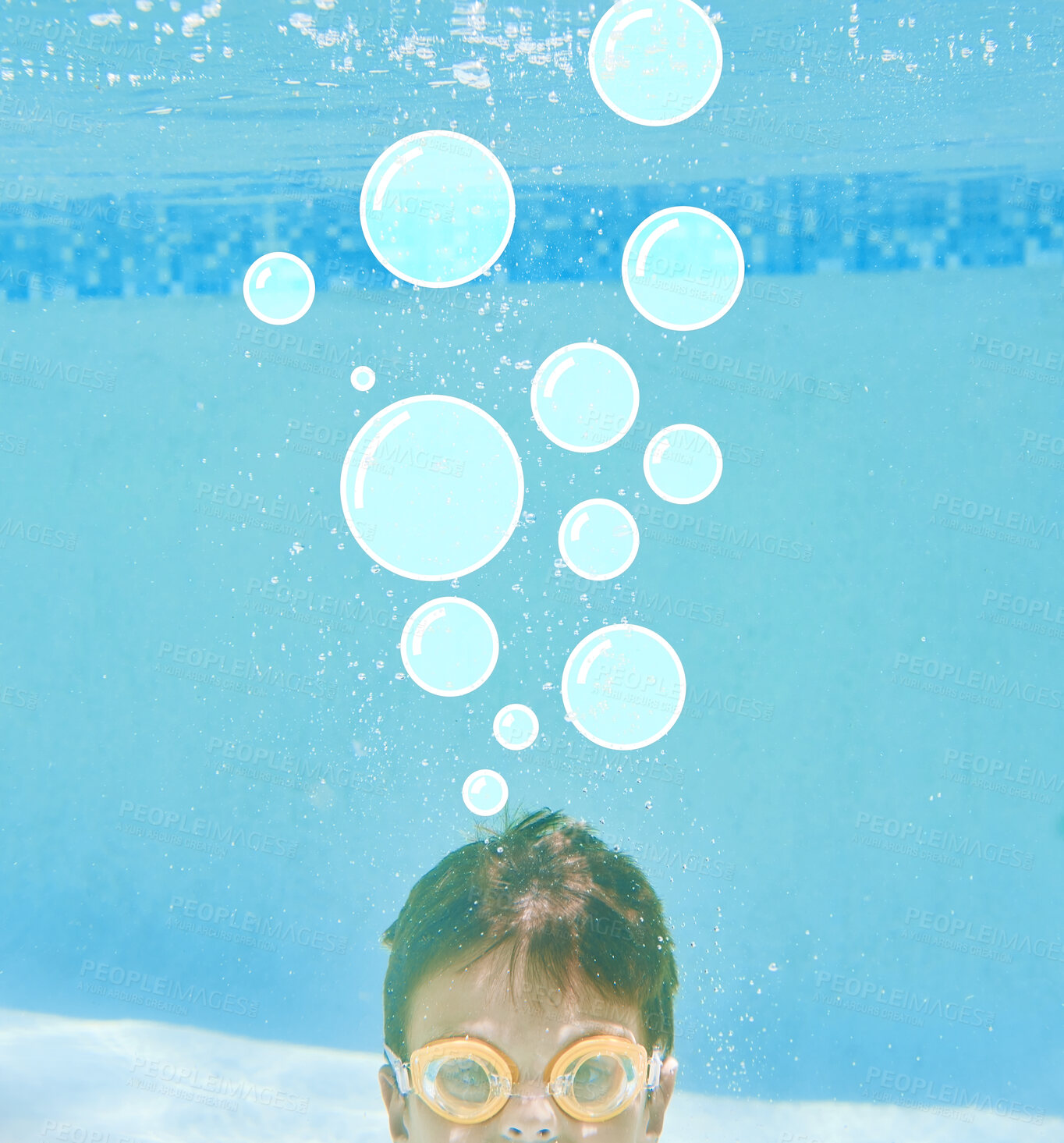 Buy stock photo Shot of a little boy swimming underwater with bubbles above his head