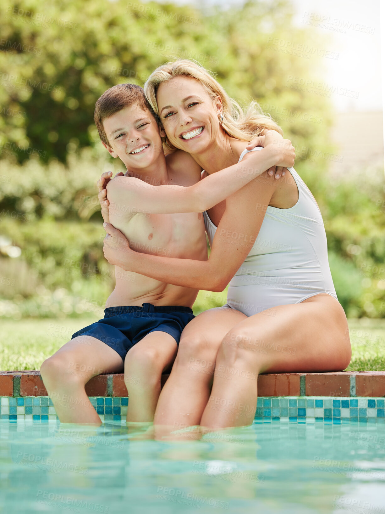 Buy stock photo Mother, smile and child by swimming pool with portrait, hug or relax in garden or park. Woman, son and outdoor with break for bonding, play and embrace with love on holiday or summer vacation