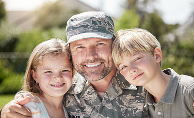 Buy stock photo Portrait, soldier and love of children, nature and bonding with dad, reunion or return from military. Family, uniform and person with kids, outdoor and care of veteran, youth and man with hug or army