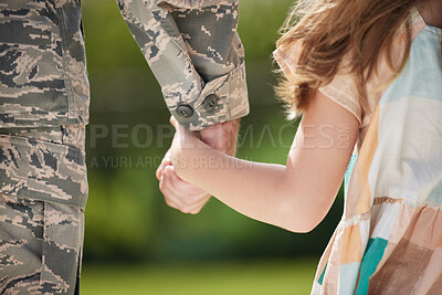 Buy stock photo Holding hands, soldier and walking in nature, child and bonding of family, reunion and return from military. Support, uniform and person with kid, outdoor and care of veteran, youth or father in army