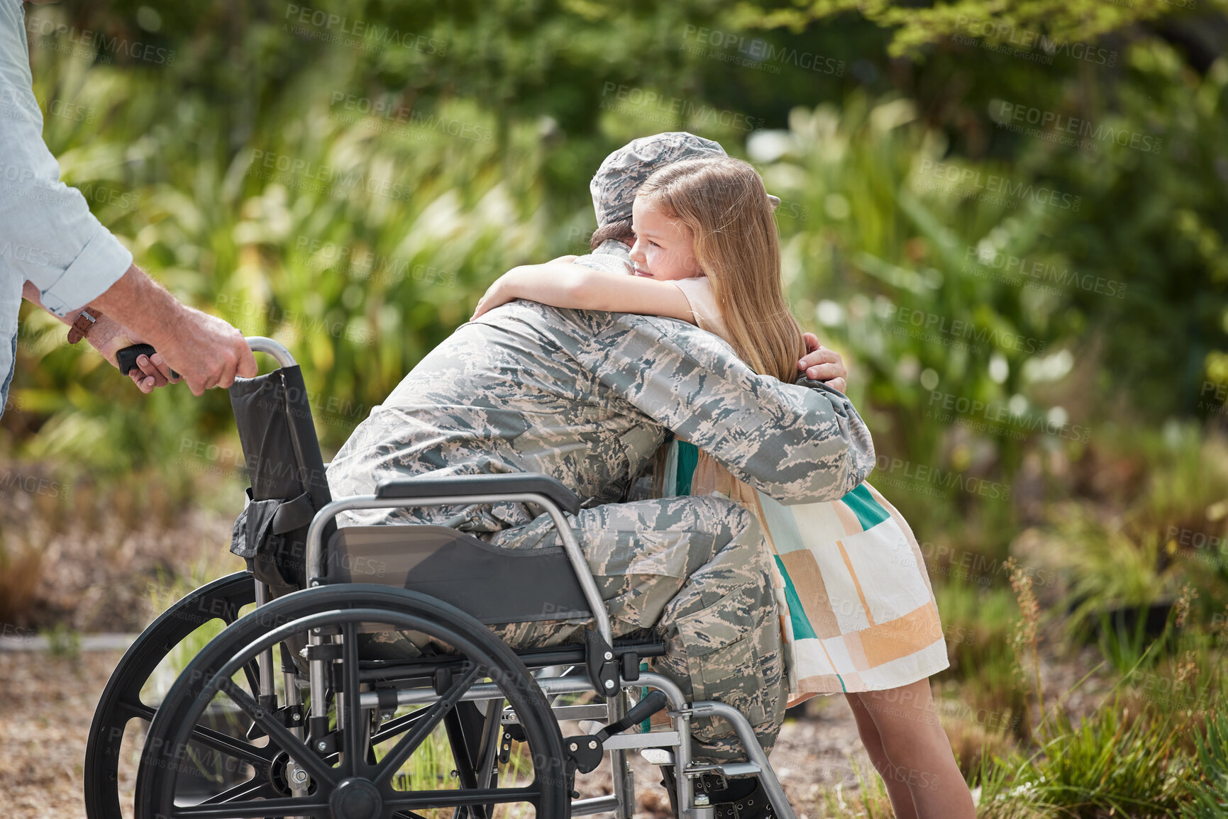 Buy stock photo Shot of a father returning from the army hugging his daughter outside