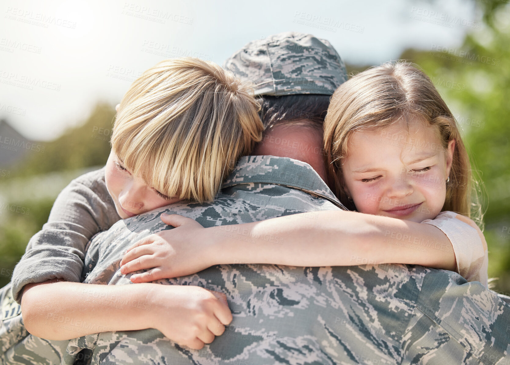 Buy stock photo Hug, soldier and love of children, family and bonding with dad, reunion or return from military. Outdoor, uniform and person with kid, nature and care of veteran, youth or father with support or army