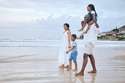 Buy stock photo Parents, happy and bonding with child on shoulders for travel, holiday or fun in playing together. Beach, black family and vacation on weekend for adventure, freedom and nature in summer or outdoor