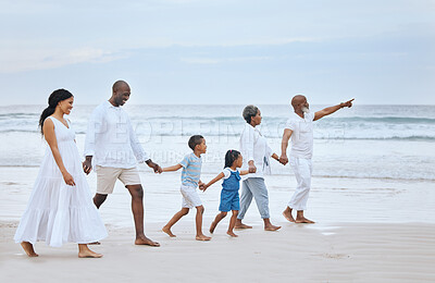 Buy stock photo Family walk on beach sand, holding hands and generations, tropical vacation in Mexico, travel and trust outdoor. Grandparents, parents and kids, happy people with adventure and tourism with sea view
