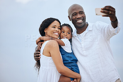Buy stock photo Selfie, happy and a black family at the beach for a memory, vacation or bonding in Indonesia. Smile, love and an African father, mother and child taking a photo at the ocean during a holiday