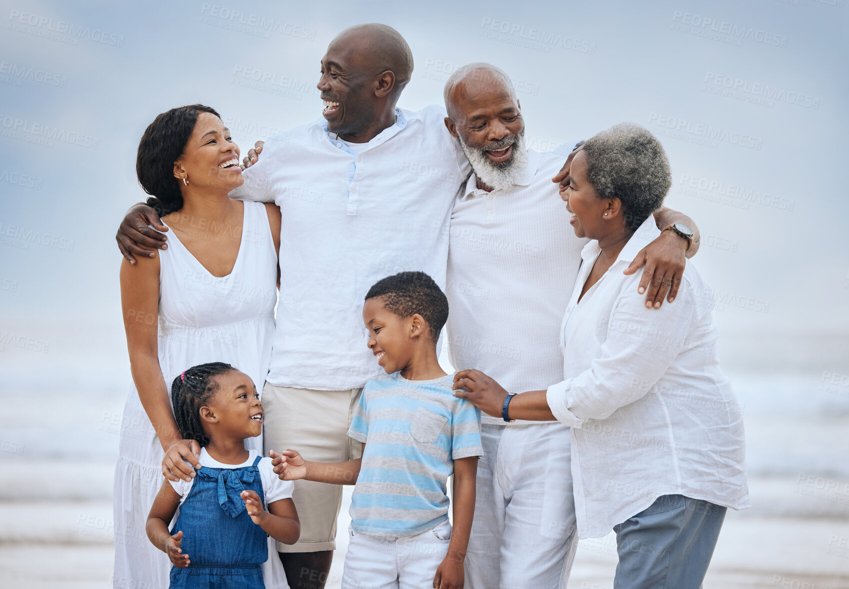 Buy stock photo Happy family, children and grandparents with beach, holiday and travel by ocean for fun, play and together. African people, vacation and weekend for adventure, freedom and nature in summer or outdoor