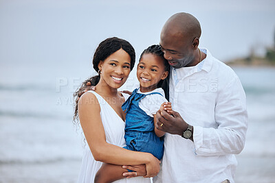 Buy stock photo Black family, child and bonding with daughter on vacation or travel by ocean for fun, playful and together. Beach, people and holiday on weekend for adventure, freedom and nature in summer or outdoor