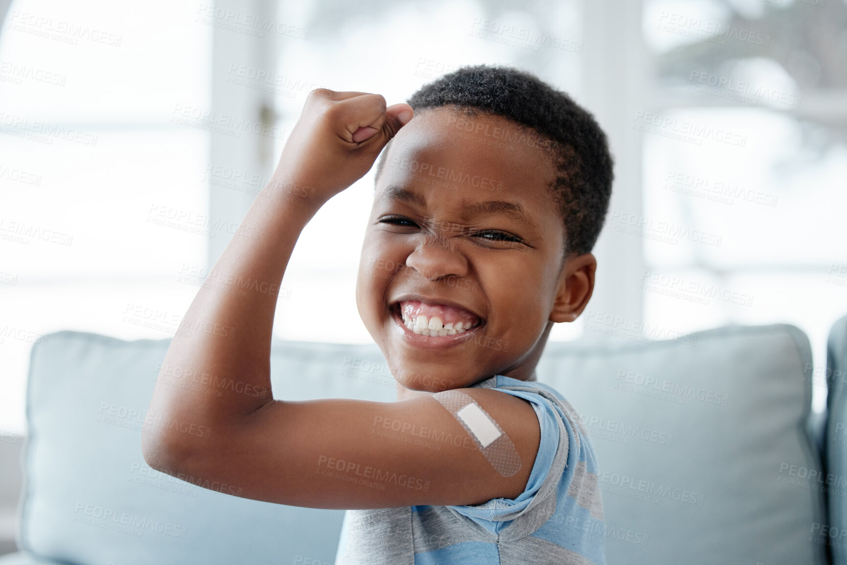 Buy stock photo African boy kid, vaccine and portrait with smile, medicine and flex muscle for wellness in hospital. Male child, strong and excited with plaster for injection, healthcare and injection  to stop virus