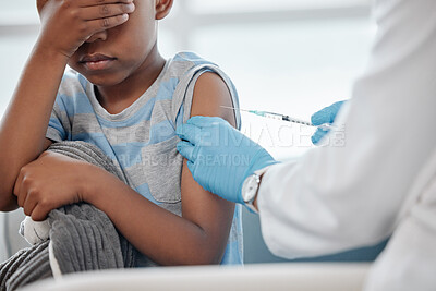 Buy stock photo Healthcare, scared child or doctor with needle for vaccine, injection or medicine in clinic. Kid, expert hand or PPE in practice for healing, protection or virus prevention or anxiety for medication