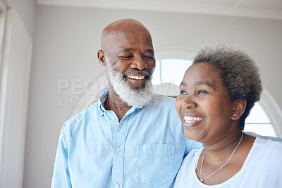 Buy stock photo Senior black couple, smile and together in a happy home with love, care and commitment. Face of an african woman and man thinking about marriage, retirement lifestyle and happiness with a hug