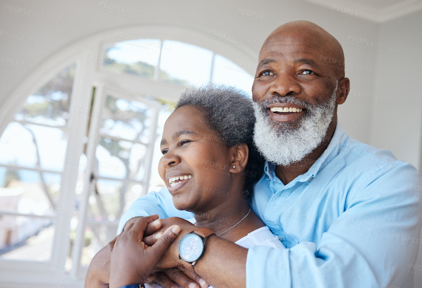 Buy stock photo Senior black couple, hug and together in a home with love, care and commitment. Face of african woman and man thinking about happy marriage, retirement lifestyle and happiness or life insurance