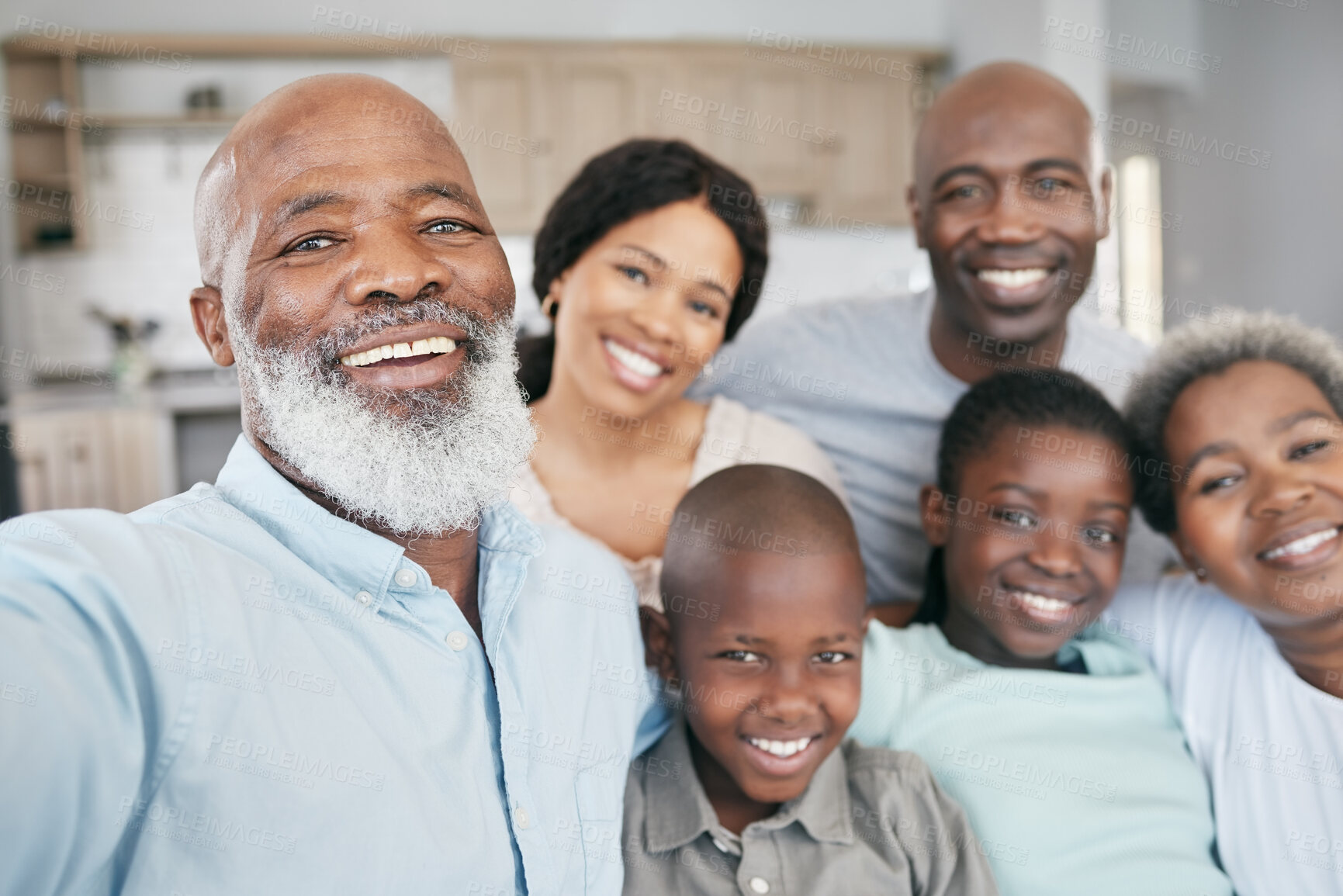 Buy stock photo Black family, generations and portrait on selfie in home for social media post and profile picture in Kenya. People, grandparents and happy or happy on visit for fun, bonding or support or care