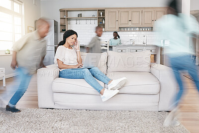 Buy stock photo Shot of a mother looking tired while her kids play at home