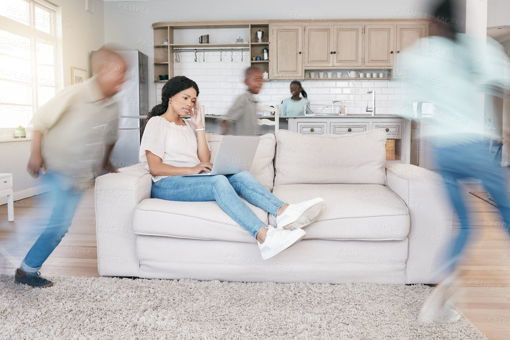 Buy stock photo Stress, woman and hyperactive children in home as frustrated, upset or unhappy with headache. Female person, anxiety and motion blur as parents, adhd kids or family in burnout, depressed or exhausted