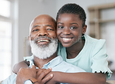 Buy stock photo Shot of a girl and her grandpa bonding at home