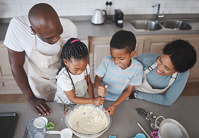 Buy stock photo Whisk, bowl and black family baking in kitchen for bonding, learning and skill development in home. Mixing, ingredients and African parents teaching children to cook for growth and fun at house.