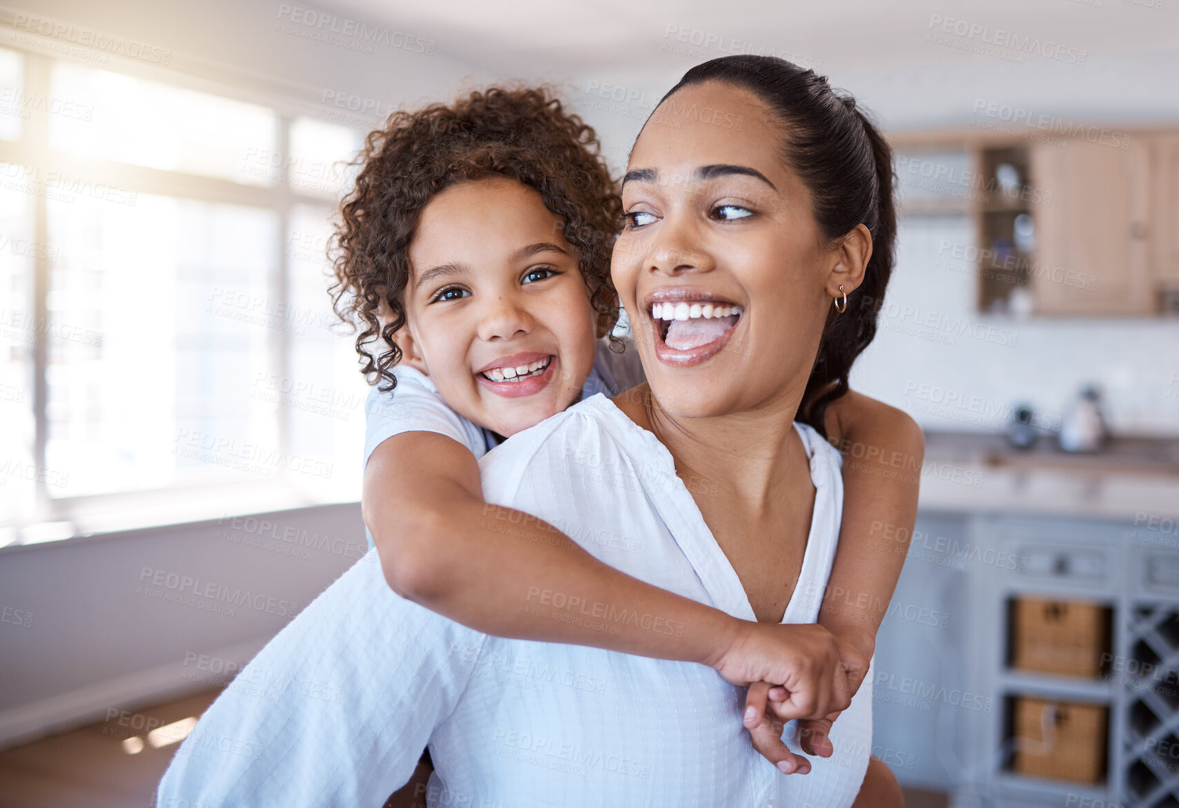 Buy stock photo Portrait, mom and piggyback girl in home for playing game, childhood fun and interaction for family time with love or care. Female child, mother and carrying kid for physical activity and bonding.