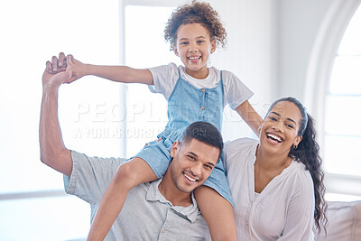 Buy stock photo Portrait of a little girl bonding with her parents at home