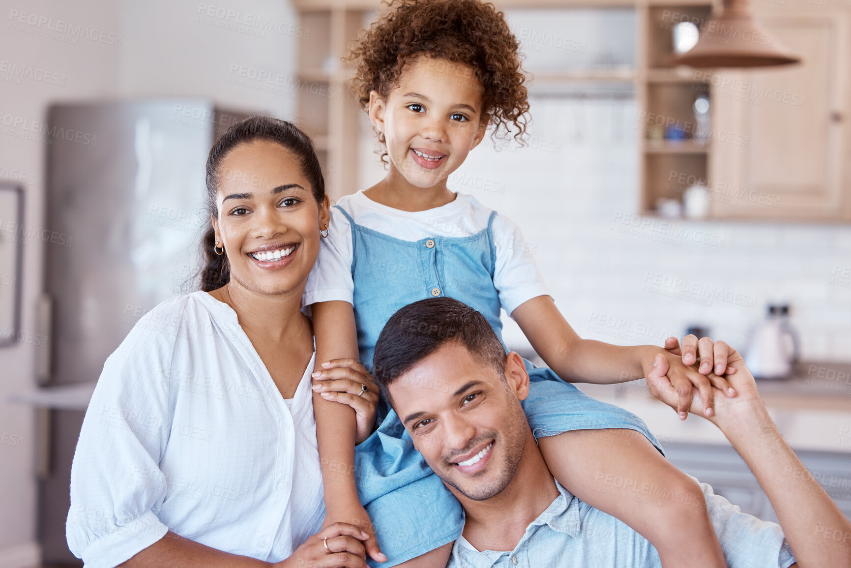 Buy stock photo Portrait, family and girl on shoulder in home for playful game, interaction and bonding for childhood fun with care or affection. Parents, kid and happy in kitchen of house and love together.