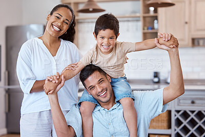 Buy stock photo Portrait of a little boy bonding with his parents at home