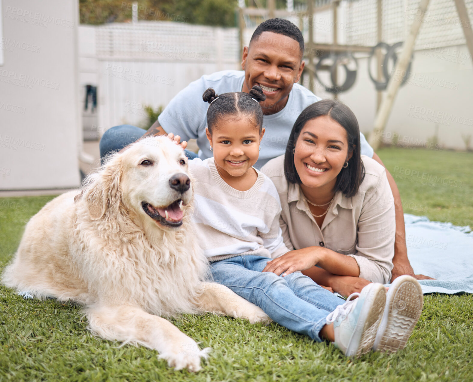 Buy stock photo Portrait, outdoor and family with dog, girl and parents with love, weekend break and happiness. Outside, mother and father with daughter, animal and relax with pet, time together or comfort with face