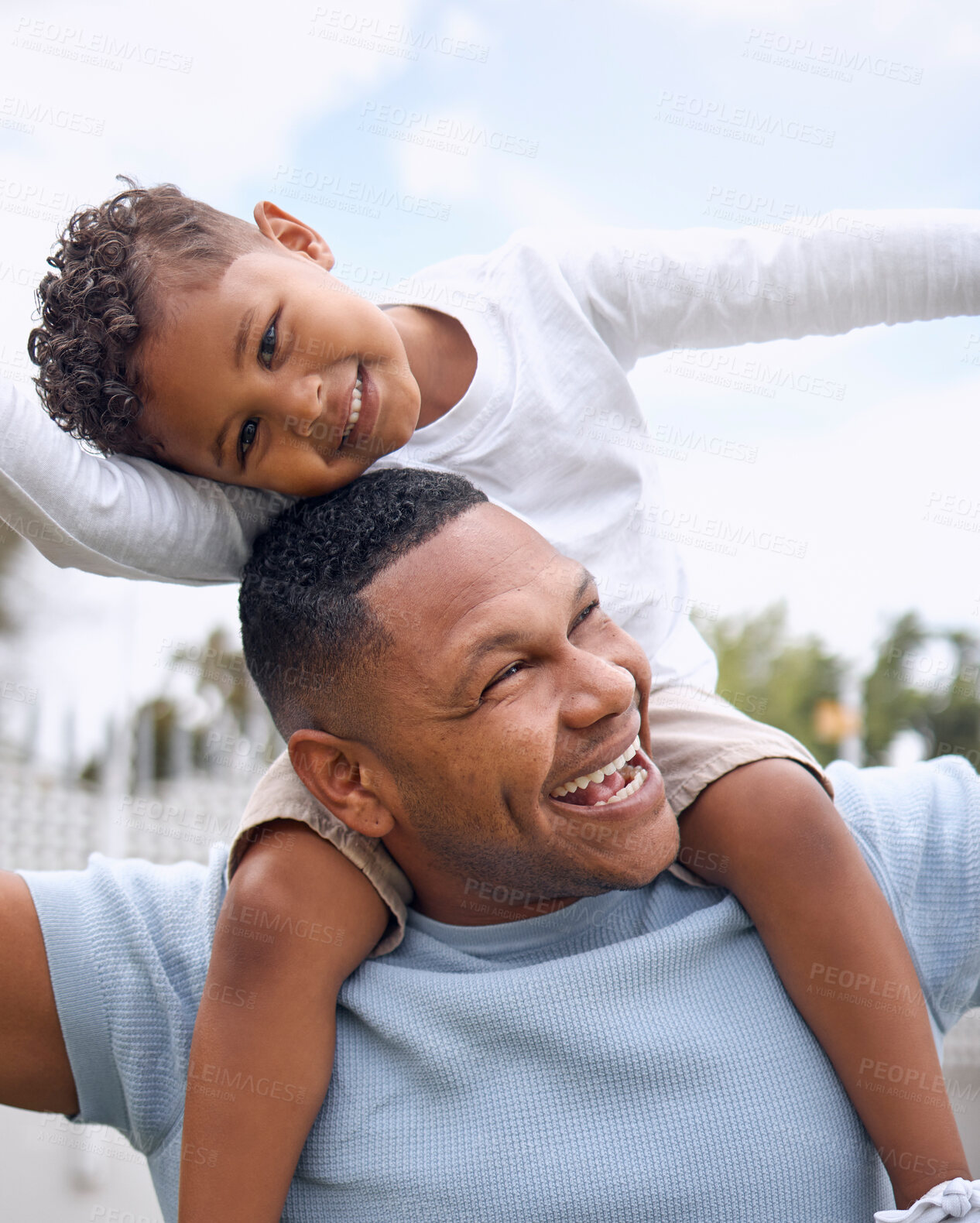 Buy stock photo Outdoor, father and boy in backyard with bonding, connection and playful for family, fun and support. Male person, parent and happy child on shoulders in care, love and together in garden for picnic