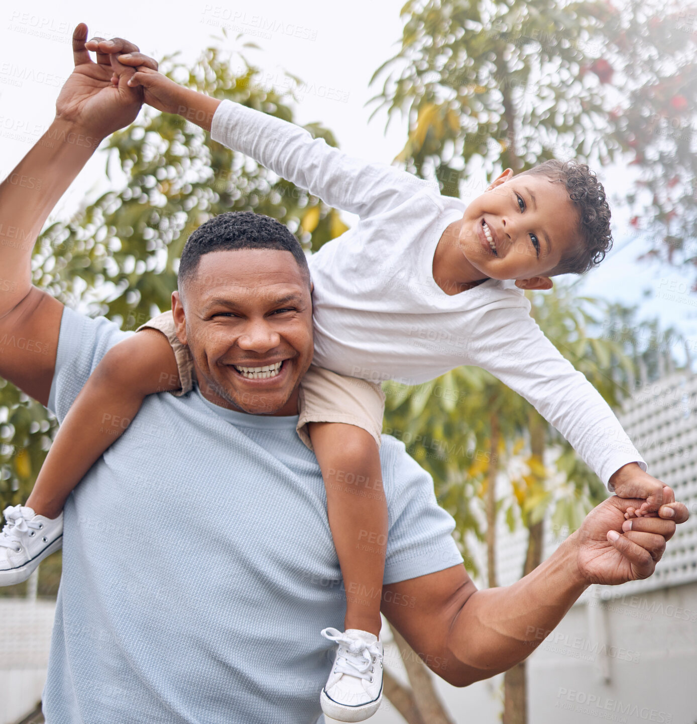 Buy stock photo Portrait, father and child on shoulders outdoor for playful game, family bonding and support of love in backyard. Smile, man and boy with trust, security and care of peace together or kid development