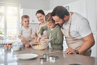 Buy stock photo Baking, home and parents with kids in kitchen for learning chef skills, development and bonding together. Family, recipe and happy mom, dad and girls with ingredients for cake, treats and dessert