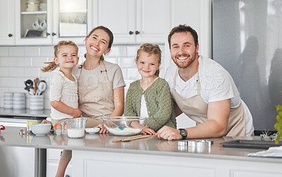 Buy stock photo Family, portrait and cooking with children in kitchen for healthy diet, support and nutrition. Happy, mother and father with kids by table for learning, ingredients and teaching to bake at home