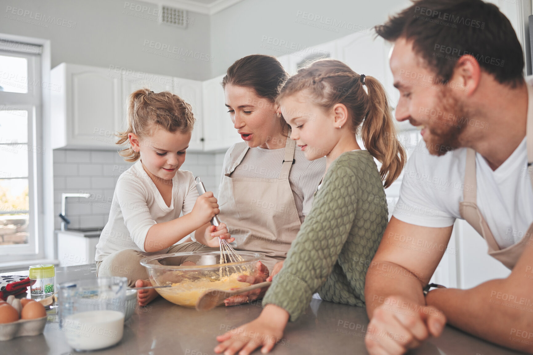 Buy stock photo Baking, learning and parents with kids in kitchen for school bake sale, development and bonding together. Family, home and happy mom, dad and girls with ingredients for cake, treats and dessert