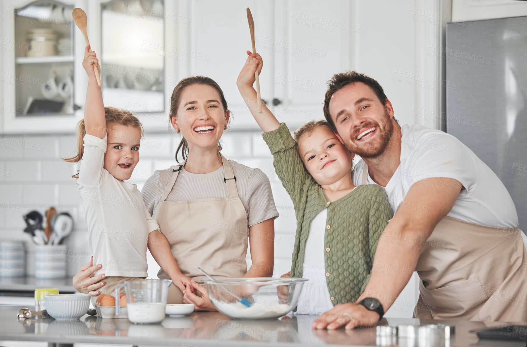 Buy stock photo Cooking, happy and portrait of family in kitchen teaching children for development, skill or fun. Smile, love and girl kids with parents for learning to bake cake, cookies or dessert together at home