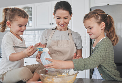 Buy stock photo Baking, happy and mom with children in kitchen for learning chef skills, development and bonding together. Family, home and mother with girls with ingredients, recipe for cake, treats and dessert