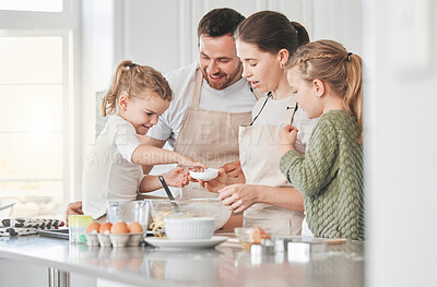 Buy stock photo Family, fun and recipe in kitchen for baking, teaching and bonding together with eggs, flour and bowl. Parents, kids and ingredients as people in house for cooking, learning and child development