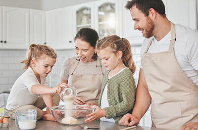 Buy stock photo Baking, recipe and parents with kids in kitchen for learning chef skills, development and bonding together. Family, home and happy mom, dad and girls with ingredients for cake, treats and dessert