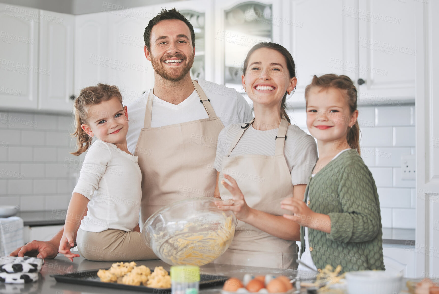 Buy stock photo Family, portrait and dough with children in kitchen for healthy diet, support and cooking education. Happy, mother and father with kids by table for learning, ingredients and teaching to bake at home