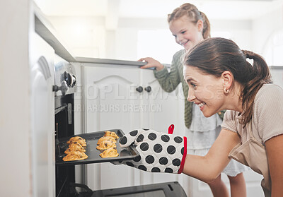 Buy stock photo Mom, kid and cookies at oven for baking, bonding and learning in home with smile, love and sweets. Baker, mother and daughter together in kitchen with biscuit dough, fun and girl child development