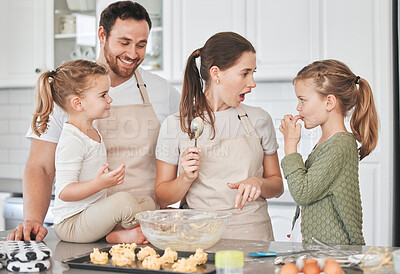 Buy stock photo Family, fun and recipe in house for baking, teaching and bonding together with eggs, flour and bowl. Parents, kids and ingredients as people in kitchen for cooking, learning and child development