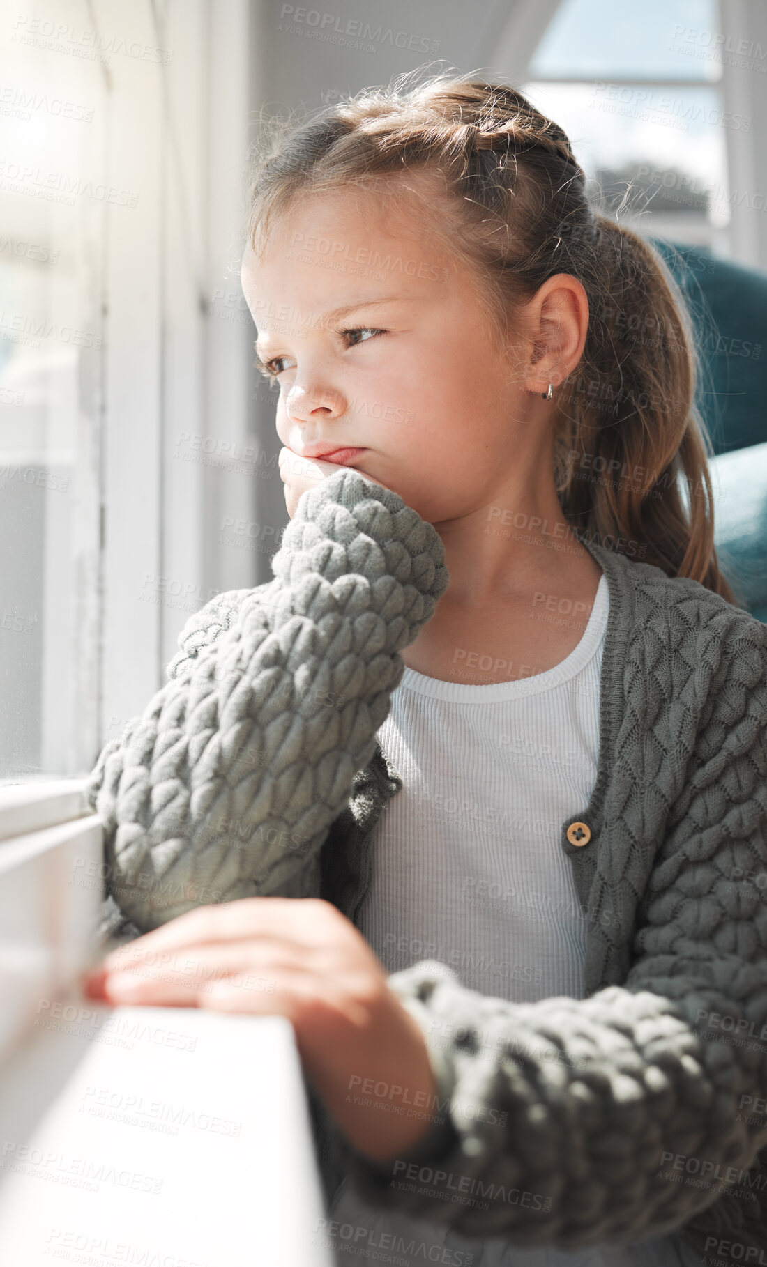 Buy stock photo Bored girl, thinking and reflection with window for dream, memory or contemplating at home. Female person, little kid or young child in wonder or thought for outdoor day in loneliness at house