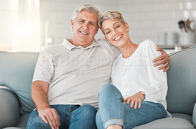 Buy stock photo home, senior couple and portrait on couch with hug, connection and bonding together in marriage. House, woman and men on sofa in retirement, commitment and security and support to embrace love