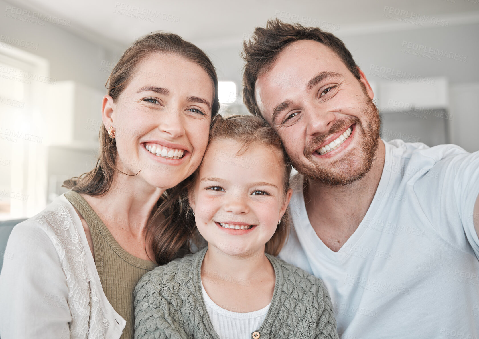 Buy stock photo Family, portrait and selfie in house for bonding, relax and happiness with joy, embrace and fun weekend. Man, woman and child in living room for memory, support and social media together with smile
