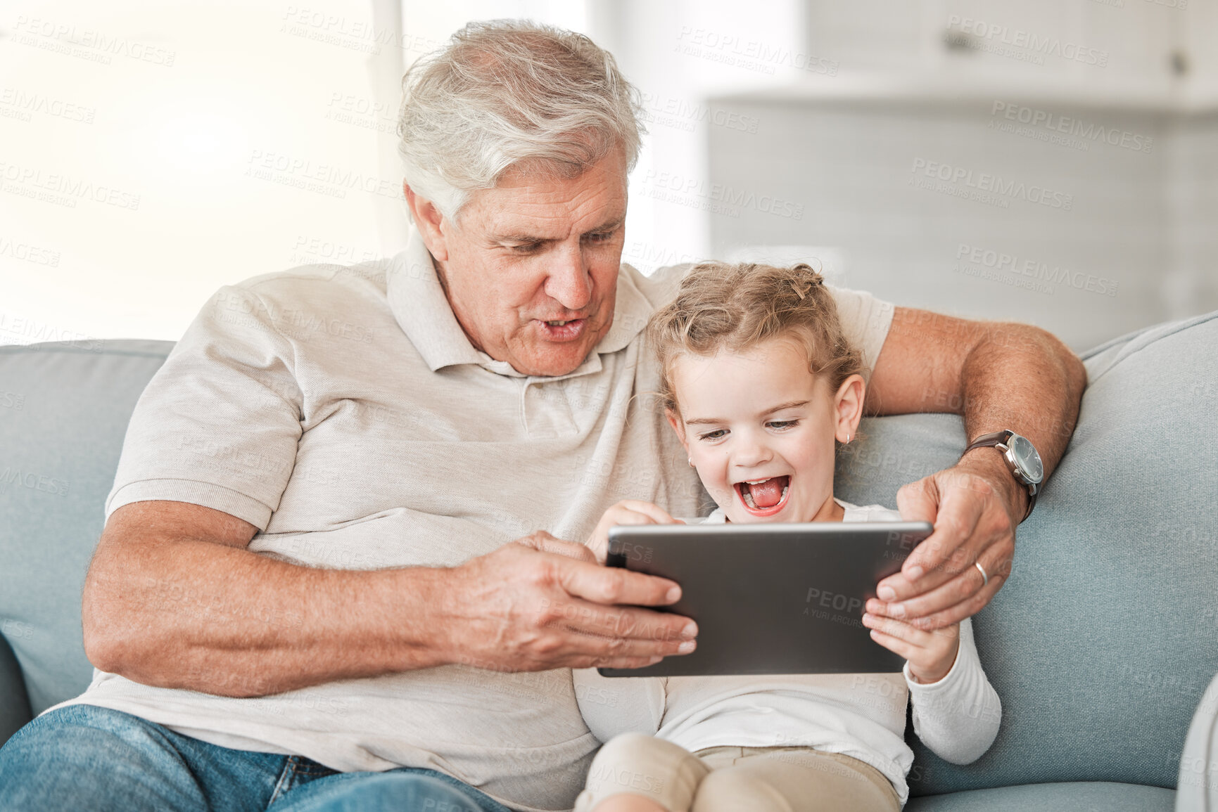 Buy stock photo Happy, sofa and grandfather with child on tablet for watching videos, online cartoons and streaming movies. Family, home and grandpa with girl on digital tech for bonding, relationship and relax