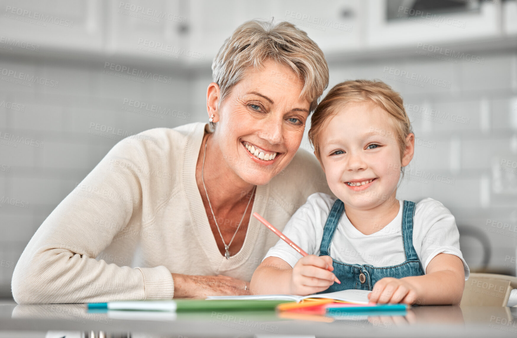 Buy stock photo Grandmother, girl and study for learning, development and helping with school homework in house. Grandma, grandchild and portrait for teaching, growth and support with writing, reading and bonding