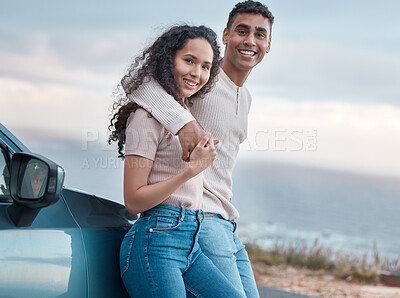 Buy stock photo Road trip, couple and hug in portrait by car for travel, adventure and break by ocean. happy man, woman and together with embrace for journey, trust and commitment in countryside for enjoyment