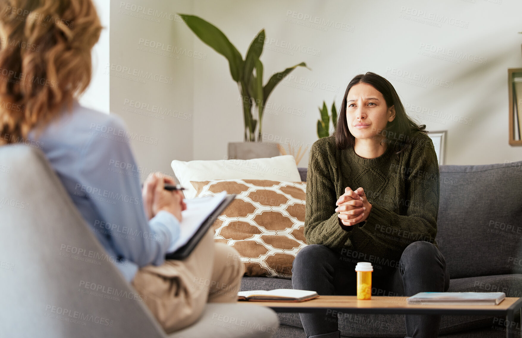 Buy stock photo Depression, psychologist and talking to woman patient on sofa for medical support, anxiety risk or trauma. Counseling, doctor and consultation for mental health and medication prescription for stress