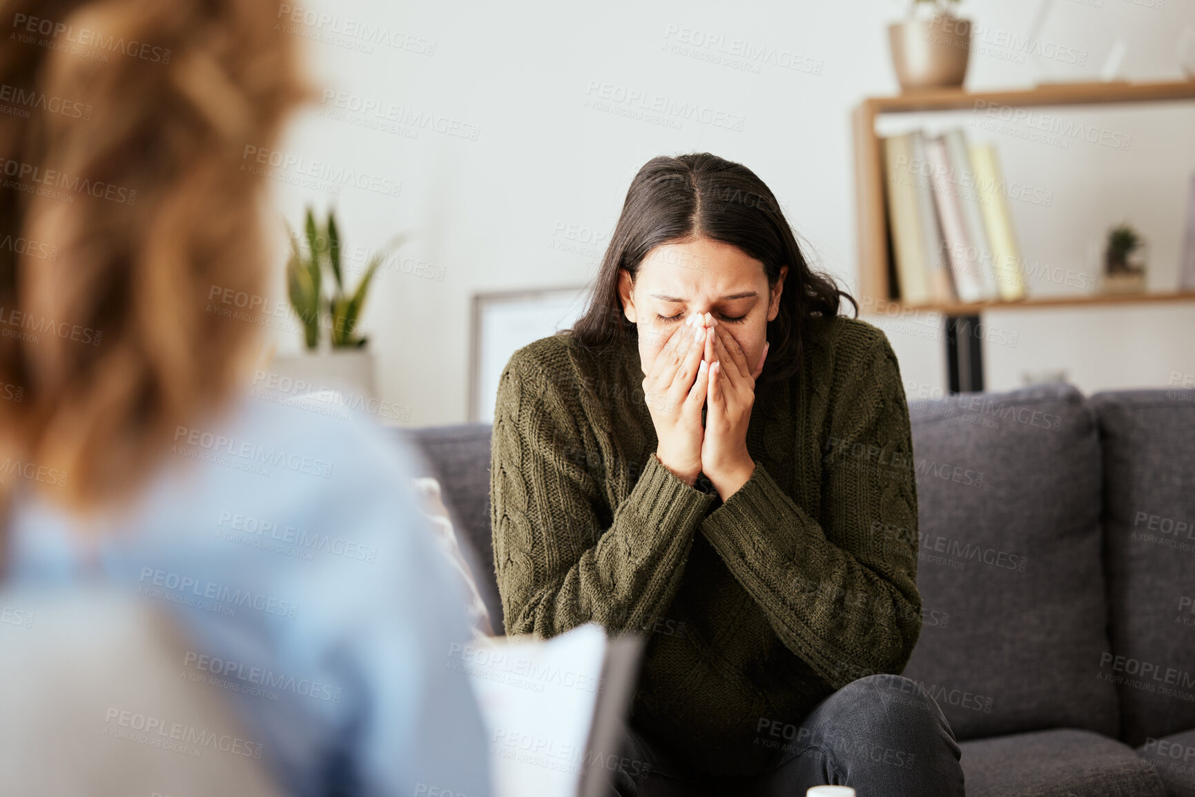 Buy stock photo Stress, psychologist and talking to woman patient on sofa for medical support, depression risk and trauma. Counseling, doctor and consultation for mental health and victim with ptsd, fear and anxiety