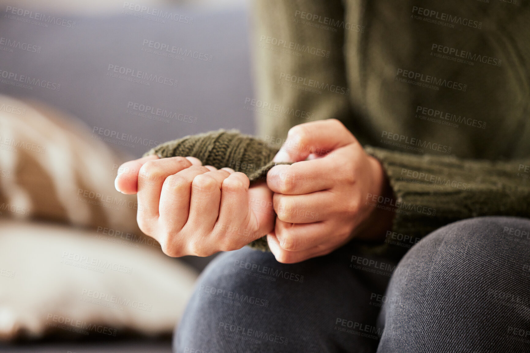 Buy stock photo Hands, anxiety and closeup of a woman with depression, mental health problem and stress in home lounge. Female person on a couch for psychology, fear and abuse on a sofa while sad or depressed