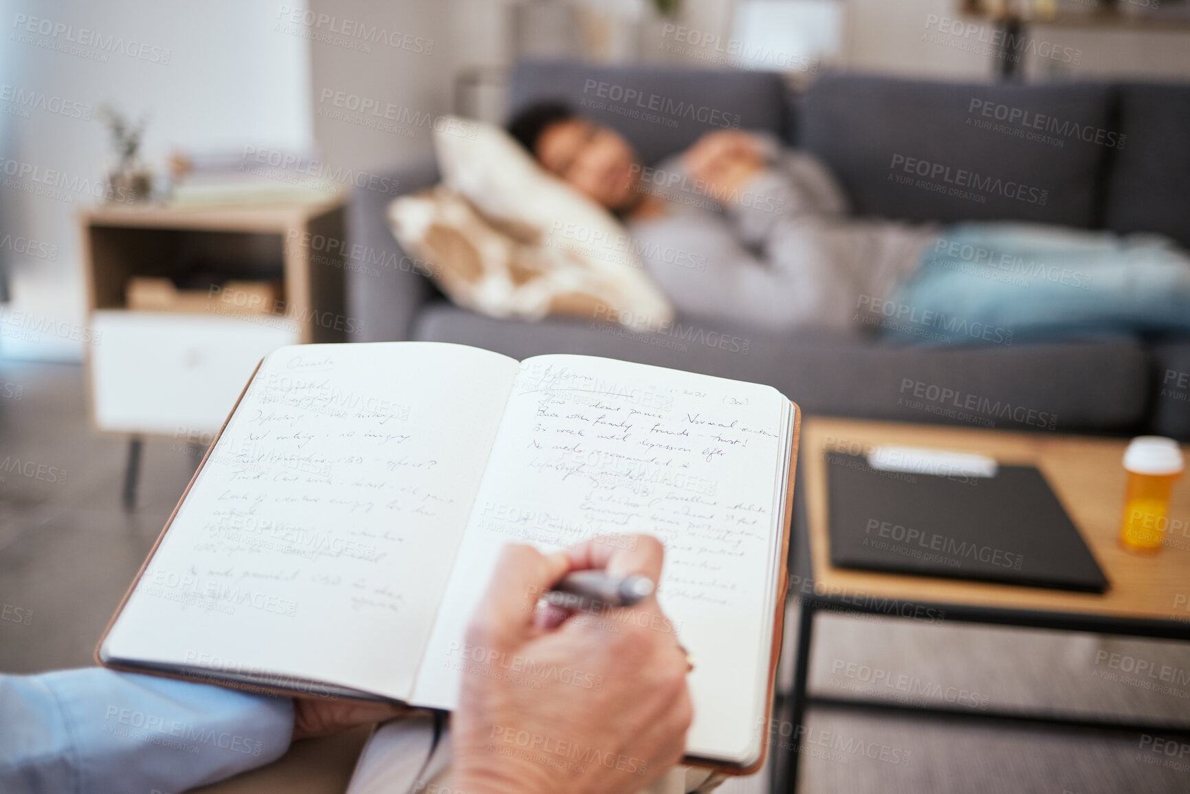 Buy stock photo Hand, psychology and writing in notebook with therapist talking to patient for consulting or wellness. Healthcare, medicine or support and psychologist or grief counselor with diary for appointment 