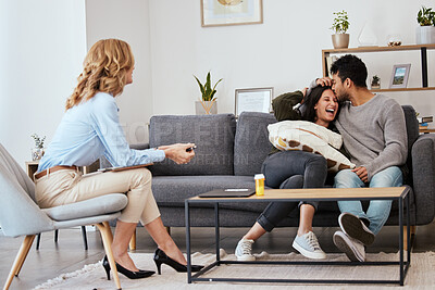 Buy stock photo Shot of a happy couple at a therapy session